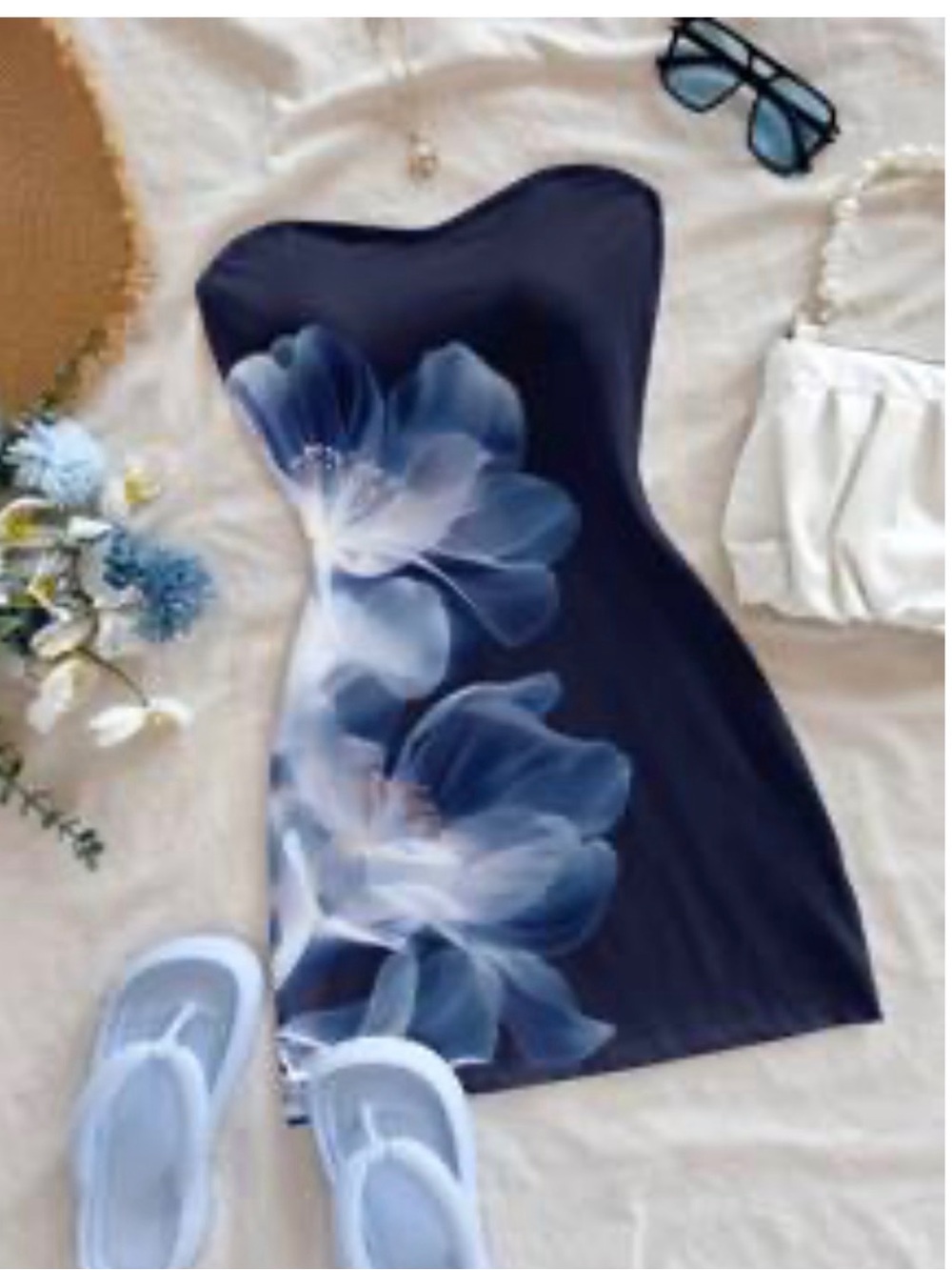 SHEIN Navy Strapless Floral Bodycon Dress